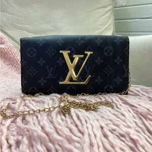 Designer Inspired  Black Monogram Canvas Chain Crossbody - Gold Hardware